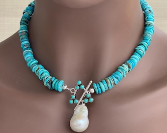 Natural Arizona Turquoise, Natural White Baroque Fireball Pearl, Sterling Silver Turquoise Clasp; OOAK