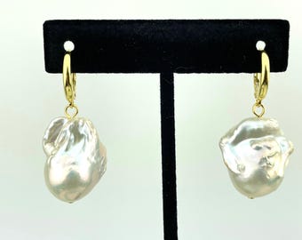 LARGE White Fireball Baroque Pearls & Gold Filled Sterling Silver Lever Back Earrings