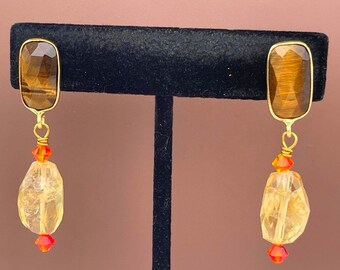 Tiger's Eye 22kt Gold Plated Posts, Yellow Citrine, Orange Fire Opal Swarovski Crystal Earrings