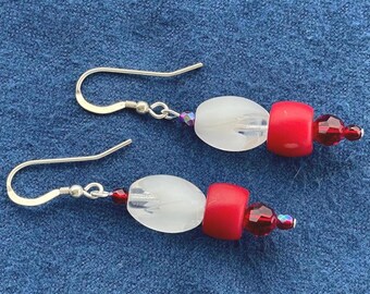 Coral, Swarovski Crystals, Glass & Sterling Silver Earrings; Christmas, Valentine's, 4th of July Jewelry