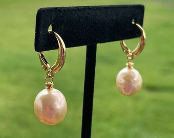 1.25" Natural Baroque Peach/Cream Freshwater Kasumi-like High Luster Real Pearls, GLP Lever Backs; Value Pearl Earrings; Any Occasion Gift!