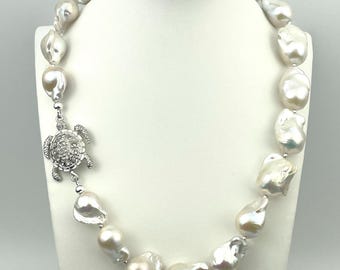 Large White Baroque Fireball Sterling Silver Bead Pearl Necklace, Silver Rhinestone Turtle Magnetic Clasp