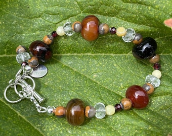 Honey Agate, Natural African Yellow Opal, Waldo Stone, Natural Red Garnet, Quartz Bracelet; Adjustable