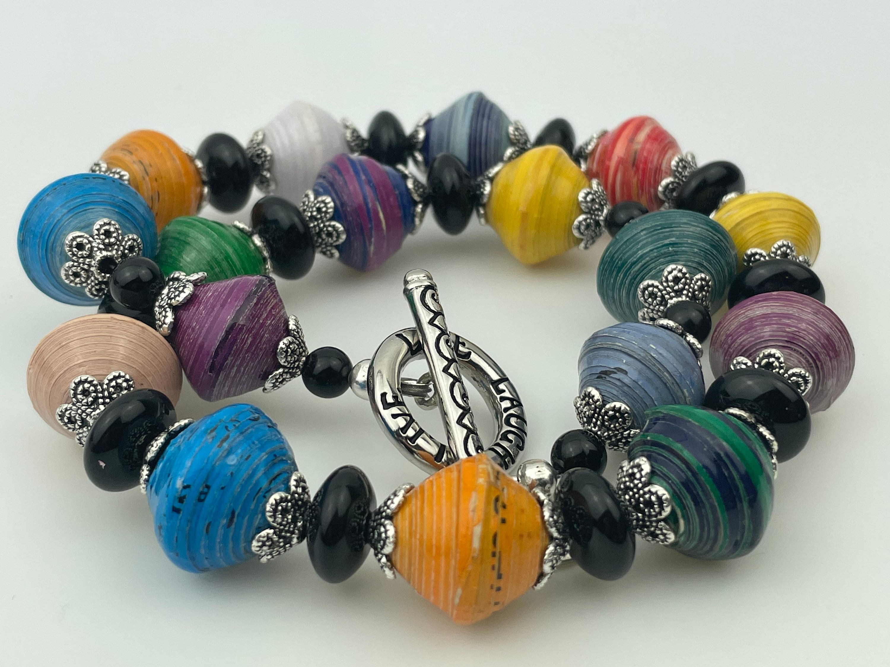19 Handmade Paper Bead Necklace Paper Beads of Africa, Onyx, Silver Plated Beads, Antiqued Silver Plated 'live, Love, Laugh' Toggle Clasp - Etsy 19 Handmade Paper Bead Necklace Paper Beads of Africa, Onyx, Silver Plated Beads, Antiqued Silver Plated 'live, Love, Laugh' Toggle Clasp - Etsy