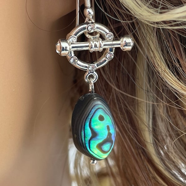 Sterling Silver Ear Wires, Silver Plated/Rhinestone Toggle Clasps, NATURAL ABALONE; Wear As Shown, Just Toggle Portion or Abalone as Pendant