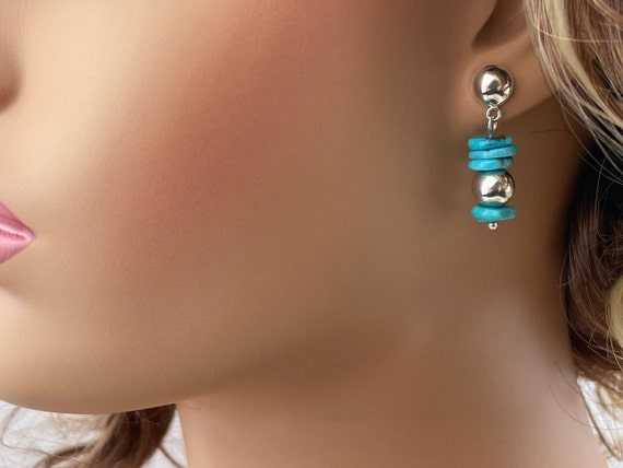 Sterling Silver Teardrop Dangle Earrings with Reconstituted Turquoise, Cultured Freshwater Pearls, and Liquid Silver Beads - Made in the USA Sterling Silver Teardrop Dangle Earrings with Reconstituted Turquoise, Cultured Freshwater Pearls, and Liquid Silver Beads - Made in the USA