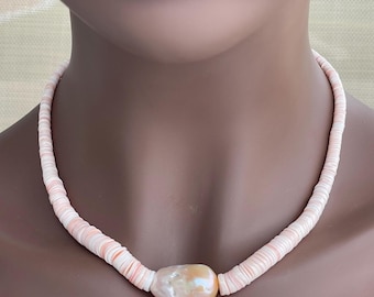 Pink Conch Shell, Jumbo Pink Fireball Baroque Freshwater Pearl, .925 Sterling Silver; OOAK Necklace