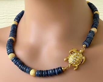 Natural Blue Kyanite Heishi Necklace, Gold Rhinestone Sea Turtle Magnetic Clasp