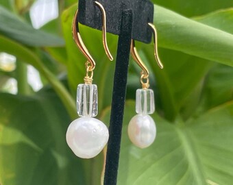 Clear Quartz Crystal, Freshwater Baroque Pearls, Gold Plated Ear Wires
