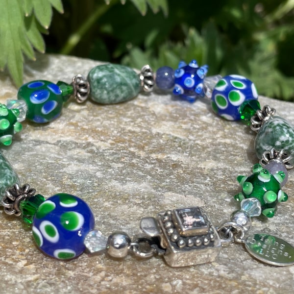 7 1/2" Glass & Gemstone Bracelet ~ Tree Agate, Lampworked Beads, Amethyst, .925 Beads, and Sterling Silver/White Topaz Box Clasp