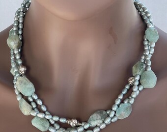 Multi-Strand Silver/Blue Pearls, Aquamarine, Sterling Silver Necklace; OOAK Beach Shell Clasp Design