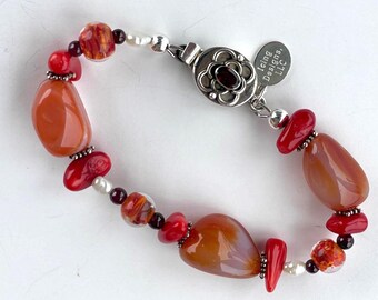 Orange Carnelian, Red Coral, Garnet, Natural White Pearls, Sterling Silver Bracelet; OOAK Chunky Jewelry