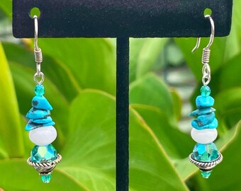 Turquoise, Natural White Snow Quartz, Faceted Aurora Borealis Teal Czech Glass, Sterling Silver Earrings