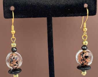 Italian Murano Venetian Glass, Black Onyx, Natural Spinel, 10kt Gold Plated Earwire Earrings; OOAK