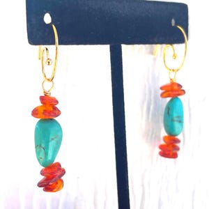 Genuine Teal Turquoise Nuggets, Orange Amber, Gold Plated Swirl Earwires; OOAK Fossil Jewelry