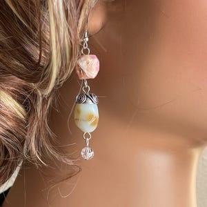 Long Dangling Pink & Blue Peruvian Opal Earrings, Swarovski Crystal, Sterling Silver