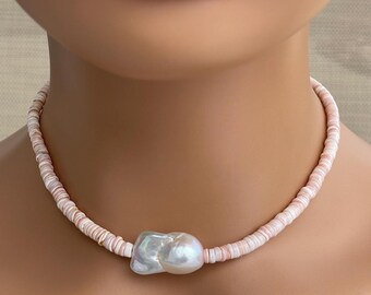 Natural Pink Luanos Shell, Jumbo White Fireball Pearl Necklace; Adjustable Sterling Silver Clasp; OOAK