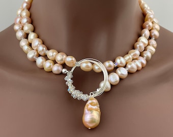 Natural Peach Baroque Pearls, Aurora Borealis Crystals, Jumbo Fireball Pearl Necklace; Silver Plated Hoop