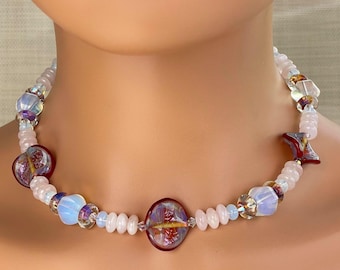 Lampwork Glass, Swarovski Crystal, Opalite, Rose Quartz, Tourmaline & Sterling Silver Necklace; OOAK Jewelry