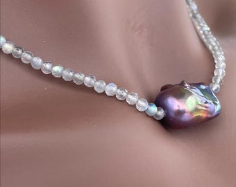 Natural Black Peacock Fireball Pearl, Natural Labradorite Necklace; Sterling Silver Rainbow Moonstone Clasp