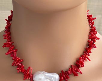 Red Bamboo Coral, Natural White Jumbo Fireball Baroque Pearl Necklace; Silver Plated Rhinestone Clasp