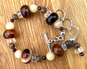 Agate, Yellow Jade, Waldo Stone, Natural Red Garnet, Natural Quartz, Crystal Adjustable SLP Bracelet