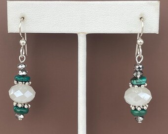 Natural Turquoise, Smoky Crystals, Faceted White Glass, Sterling Silver Earrings; OOAK Jewelry