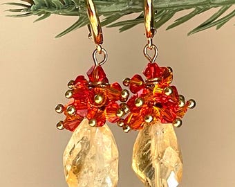 Citrine Gemstone Cluster Earrings, Fire Opal Swarovski Crystal, Gold Plated Lever Backs