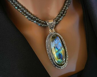 Black Labradorite Sterling Beaded Gemstone Chain Necklace; Wear Long 33" or Double