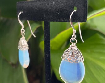 Ethereal Iridescent Glowing Opalite Glass & .925 Sterling Silver Earrings; OOAK Chunky Bold Jewelry