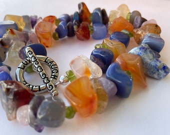 19.5" Bold Gemstone Necklace! Tumbled Nuggets of Peridot, Lapis Lazuli, Rose Quartz, Citrine, Amethyst, Carnelian, Blue Agate, ASP Toggle