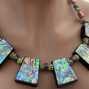 20.5&quot; DRAMATIC Statement Necklace! Abalone, Amethyst, Peridot, Rhodonite, Preciosa Crystals, SP Beads, .925 Silver Hook/Bar Clasp; Stunning!