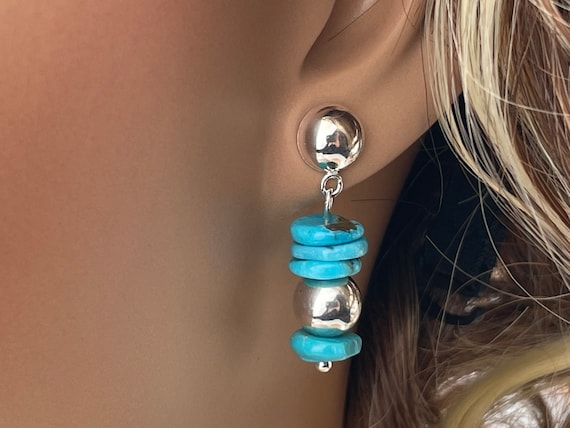 Sterling Silver Teardrop Dangle Earrings with Reconstituted Turquoise, Cultured Freshwater Pearls, and Liquid Silver Beads - Made in the USA Sterling Silver Teardrop Dangle Earrings with Reconstituted Turquoise, Cultured Freshwater Pearls, and Liquid Silver Beads - Made in the USA