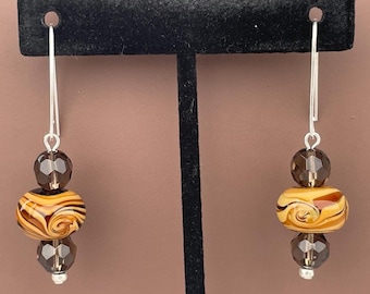 Hill Tribes Silver, Natural Smoky Quartz, Czech Glass, Lampwork Glass 2" Earrings