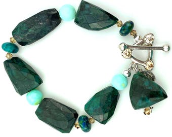 Bold Chunky Chrysocolla, Blue Opal, Swarovski Crystal Beaded Bracelet; Silver Citrine Toggle Clasp