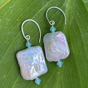 Freshwater Square Biwa Natural Pearls, Pacific Opal Swarovski Crystal Earrings; Silver Plated Ear Wires
