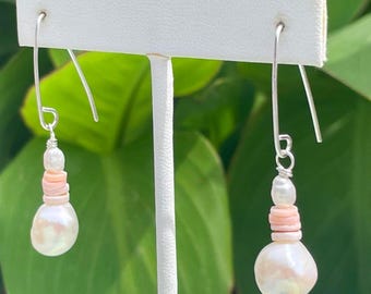 Natural Freshwater White Baroque Pearls, Natural Pink Shell, Hill Tribes Silver Plated Earrings