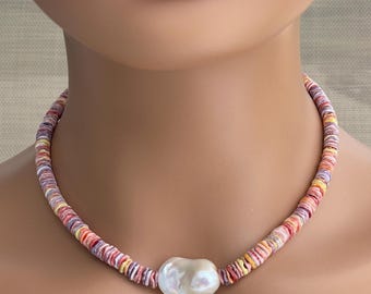 Natural Rainbow Sea Scallop Shell, Natural Jumbo Fireball Pearl Sterling Silver Necklace; OOAK Jewelry