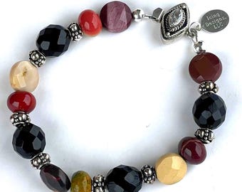 Mookaite Jasper, Black Vintage Glass, Sterling Silver Bracelet; OOAK Earth Tone Jewelry Designs
