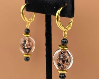 Murano Venetian Glass, Black Spinel, GLP 14kt Beads, Sterling Silver GLF Leverback Drop Earrings
