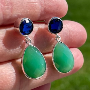 1.25" Natural Chrysoprase Chalcedony/Silver Plated Drops & Silver Plated Kyanite Blue Quartz Ear Posts; Blue Green Silver; One-Of-A-Kind!
