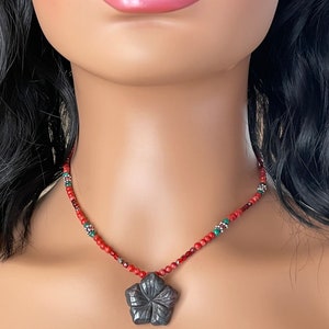 17&quot; Dainty Necklace ~ Jasper, Coral, Malachite, Swarovski Crystal, Czech Glass, .925 Beads,.925 Silver Toggle Clasp,Hawaiian Plumeria Flower