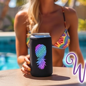 May include: A black neoprene can cooler with a colorful pineapple design. The cooler is being held by a person by the pool.