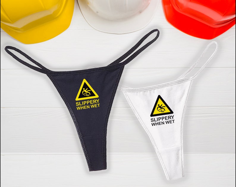 Slippery When Wet Black Thong |  Caution Panties | Construction Lingerie | Naughty Underwear 