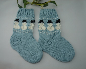 Baby Söckchen "Schneemann", Socken handgestrickt, gestrickt, FL ca. 11,0 - 11,5 cm, 100% Baby-Merino