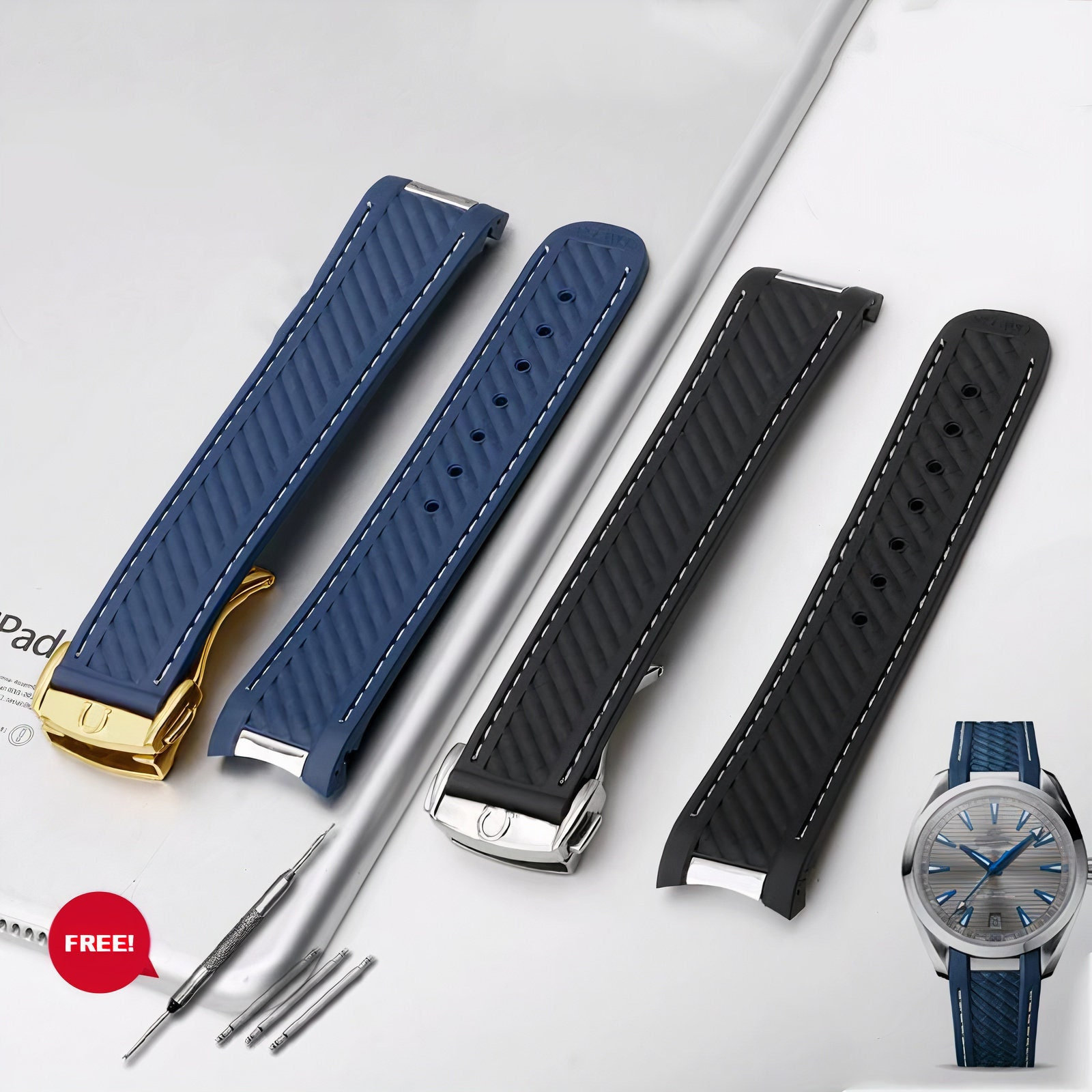 20mm BLACK / BLUE Curved Rubber Strap 