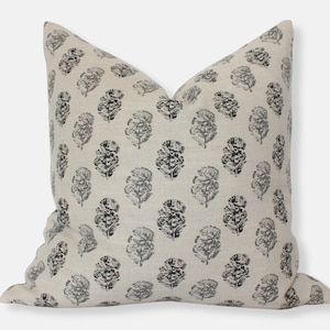Cream Floral Pillow, Modern Designer Pillows, Charcoal Floral Throw Pillow, Block Print Pillow Cover, Cream Gray Throw Pillow || Chara