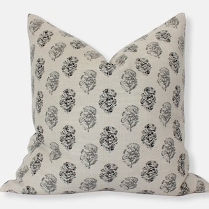 Cream Floral Pillow 20x20, Modern Designer Pillows, Charcoal Floral Throw Pillow, Block Print Pillow Cover, Cream Gray Throw Pillow 18x18