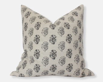 Cream Floral Pillow, Modern Designer Pillows, Charcoal Floral Throw Pillow, Block Print Pillow Cover, Cream Gray Throw Pillow || Chara