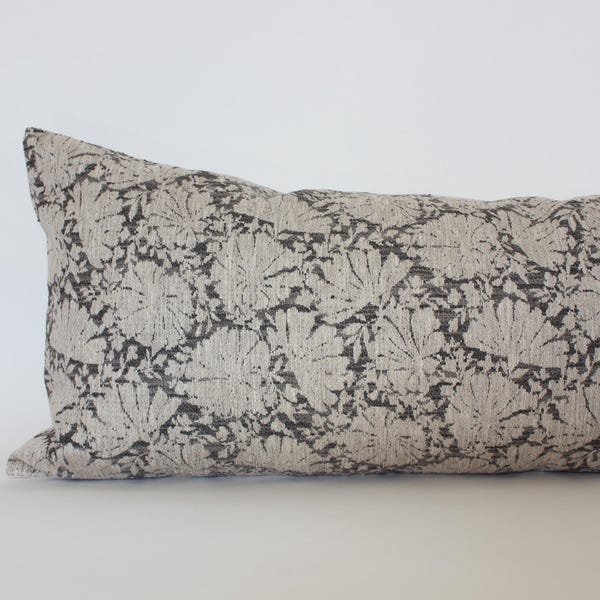 Oversized Lumbar Pillow, Floral Lumbar Pillow, Dark Gray Pillow Cover for Sofa, Neutral Long Lumbar, Charcoal Cushion Cover || Charlotte